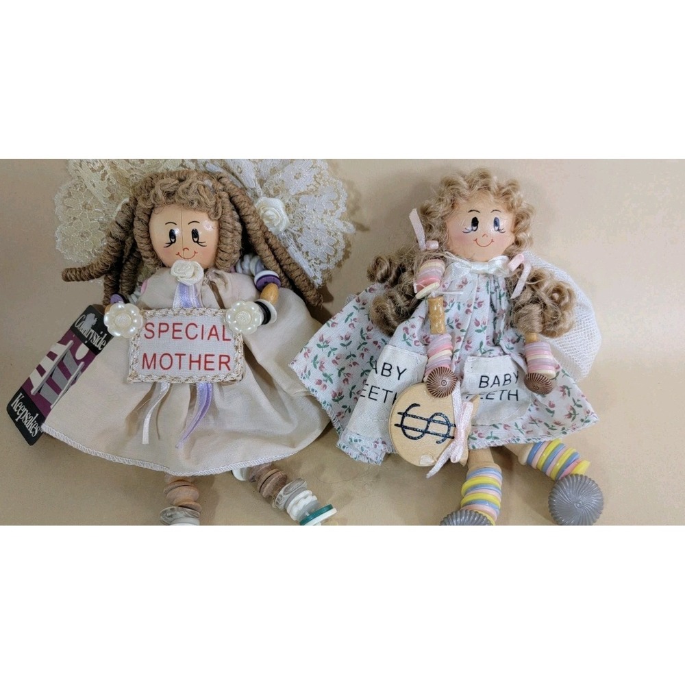 Vintage Button Baby Dolls Handmade Wood Spool Button Doll Shelf Sitter Folk Art